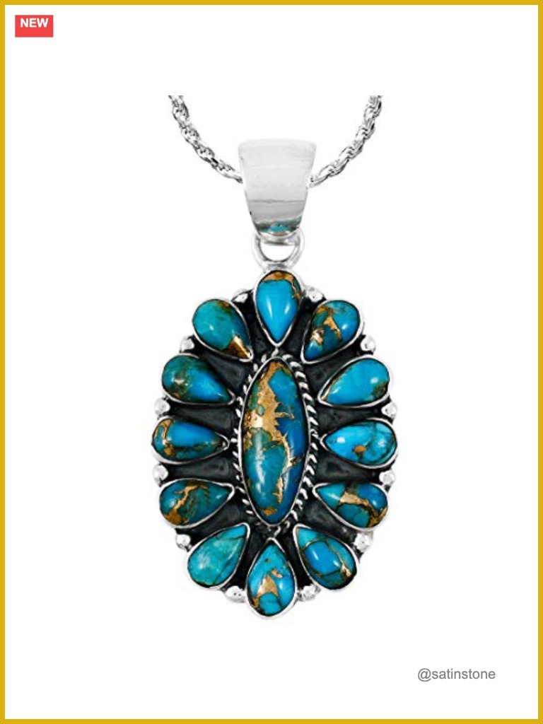 Turquoise Pendant Necklace 925 Sterling Silver Rope Chain 20"